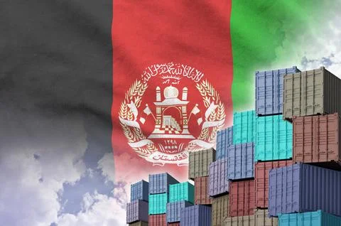 Afghanistan flag and big stack of shipping cargo containers in docks with sky イラスト素材