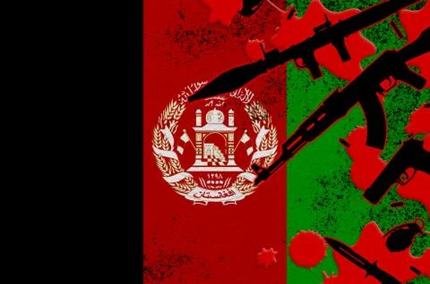 Afghanistan flag and various weapons in red blood. Concept for terror attack  Stock Illustration