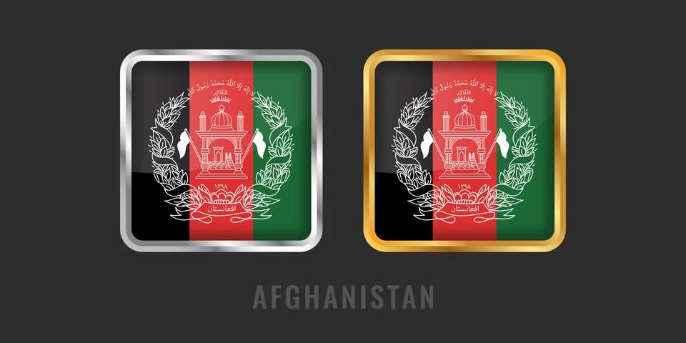 Afghanistan Flag Square 3D Button Set in Gold and Silver Metallic Frames Stockillustratie