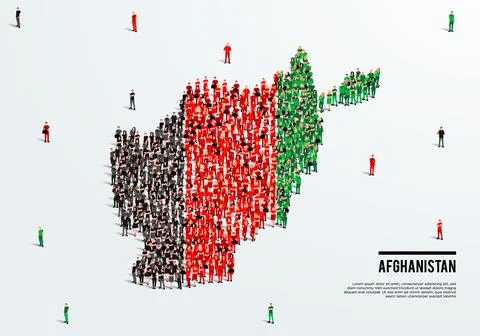 Afghanistan Map and Flag. A large group of people in the Afghani flag color. Stock Illustration