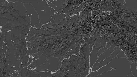 Afghanistan outlined on a Bilevel elevation map with lakes and rivers Illustrazione stock