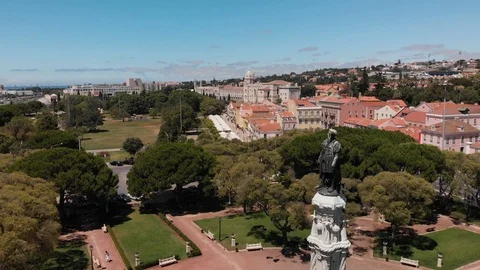 Afonso de Albuquerque statue in Belem Lisbon close-up aerial parallax footage Stock-Footage 107991899