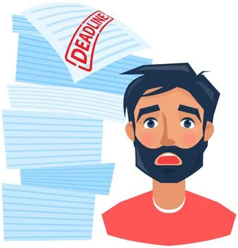 Afraid man portrait near stack of documents. Shocked face of scared person doing Stock Illustration