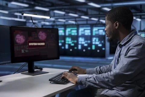 Afraid worker panicking after seeing security breach in data center Foto stock
