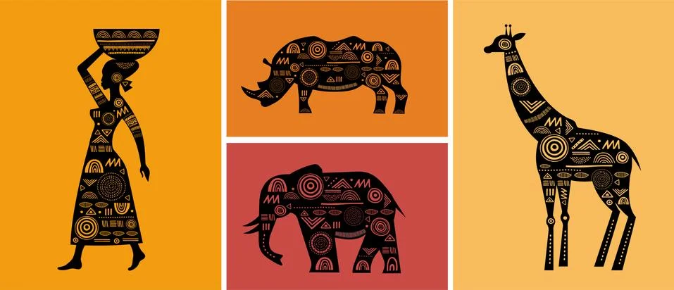 Africa banner with elements - patterned giraffes, elephant, African map, woman 스톡 일러스트