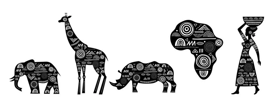 Africa banner with elements - patterned giraffes, elephant, African map, woman 스톡 일러스트