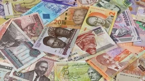 Africa notes close up slow rotating. African money, currency. Low angle Stock Footage 104306364