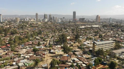 Africa poverty and inequality - drone shot slums and skyline Addis Ababa Stock Footage