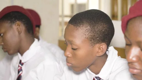 Africa School students inside  school classroom  with computer e learning Stockbeeldmateriaal 250179194