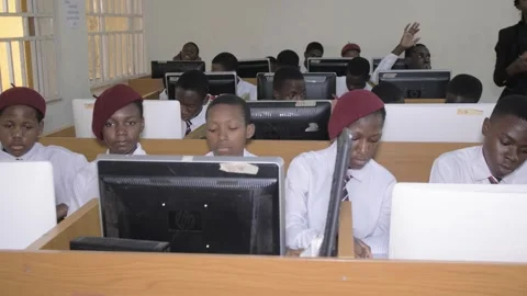 Africa School students inside  school classroom  with computer e learning Stock Footage 250180331