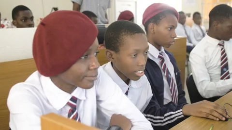 Africa School students inside  school classroom  with computer e learning Видео 251656187
