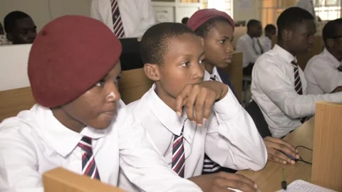 Africa School students inside  school classroom  with computer e learning Stock Footage 251664743