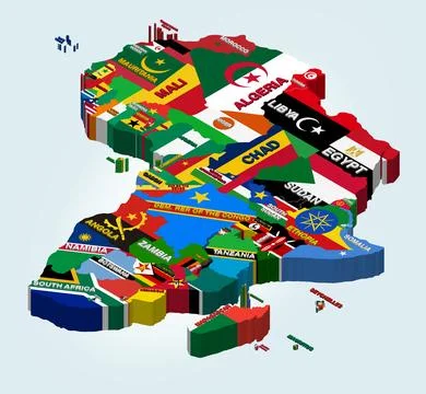 Africa vector isometric map combined with national flags Stock Illustration