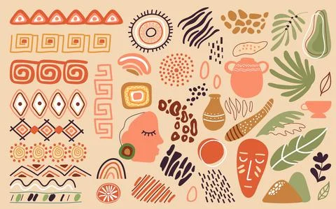 African abstract elements. Freehand doodle nature shapes, decorative ornaments Stock Illustration