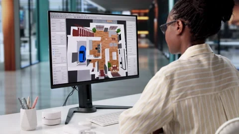 African-American Architect Using Computer To Analyze House Floor Plan Stock Footage 328713257