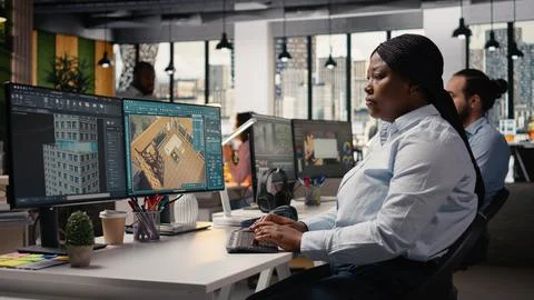 African american architectural developer using 3D designing interface Stock Photos
