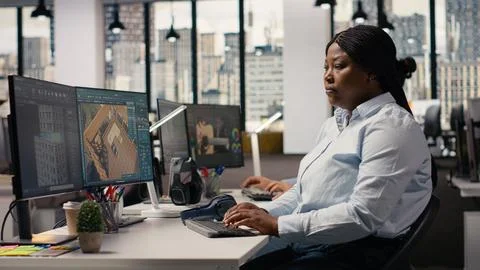 African american architectural developer using 3D designing interface Stock Photos