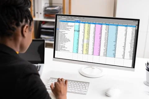 African American Auditor Using Electronic Spreadsheet Stock Photos