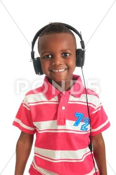 African american black child listening to music isolated Stock Photos