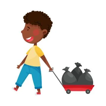 African American Boy Character Pulling Platform Trolley with Trash Pack as Stock Illustration
