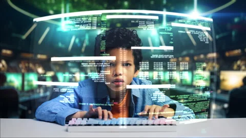 African American boy coding on holographic display in a futuristic server room Stock Footage 288232153