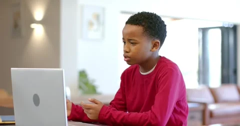 African American boy reacting to confusing prompt, gesturing at laptop, Stock Footage 336957494