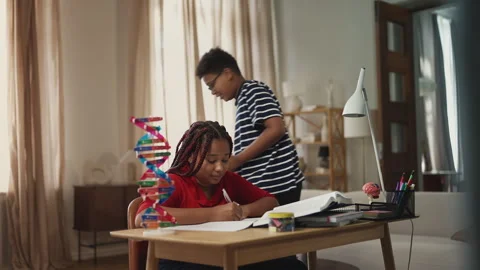 African American boy teasing his diligent sister while she does homework Stock Footage 334947667