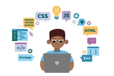 African-american boy writes code, programming education for children, carto.. 스톡 일러스트