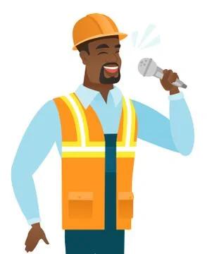 African-american builder singing to the microphone Stock Illustration