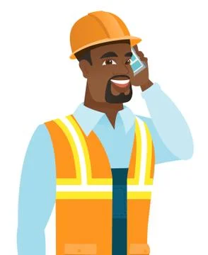 African-american builder talking on mobile phone. Ilustración de archivo
