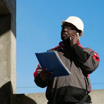 African american builder with work papers talks on smartphone 库存照片