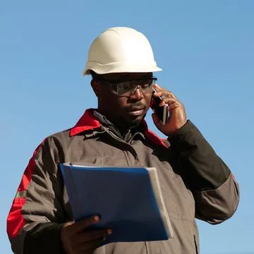 African american builder with work papers talks on smartphone Fotos de archivo