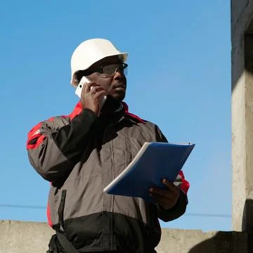 African american builder with work papers talks on smartphone Stock Photos