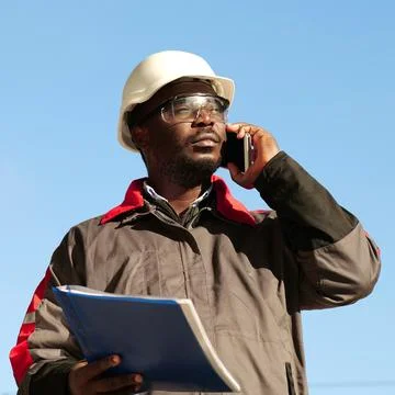 African american builder with work papers talks on smartphone Foto stock
