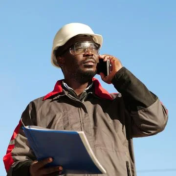 African american builder with work papers talks on smartphone Stock Photos