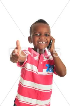 African american child with black telephone isolated Stock Photos