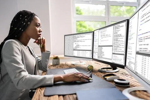 African American Coder Using Computer At Desk Foto stock