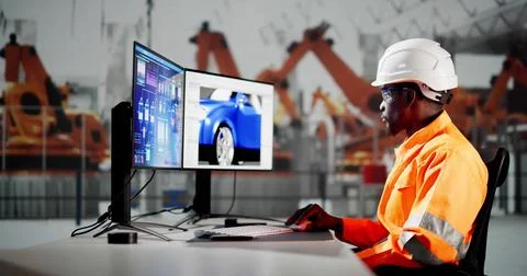 African American Coder Using Computer At Desk 写真素材