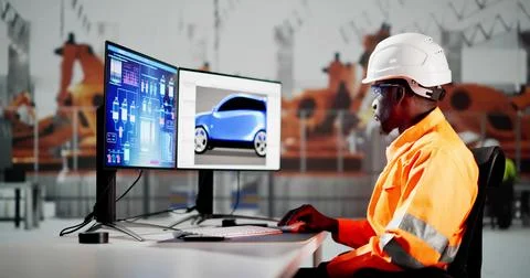 African American Coder Using Computer At Desk 库存照片