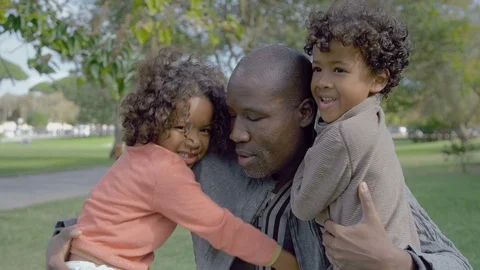African American dad embracing curly children in summer park Stock Footage