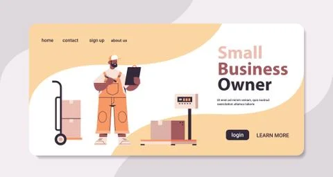 African american deliveryman in uniform checks parcels in warehouse express Stock Illustration