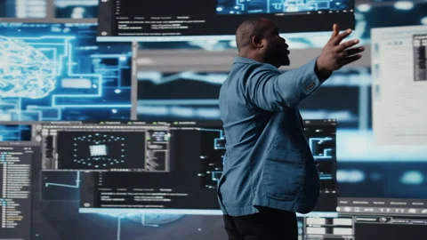 African American developer working in a cyber environment Stock Footage 312413940