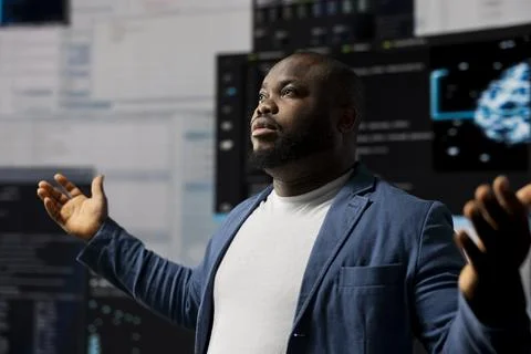 African American developer working in a cyber environment with AI Foto stock