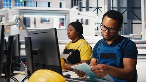 African american engineer manages data from solar machinery on desktop Stock Photos