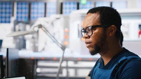 African american engineer manages data from solar machinery on desktop Stock Photos