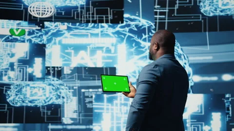 African american engineer shows tablet with isolated mockup display Stock Footage 312359633