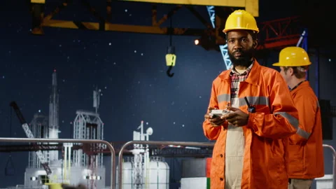 African American engineer uses drone to conduct modern inspection of oil rig Stock Footage 324704277