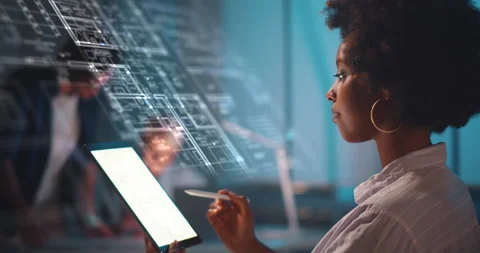 African-American engineer work on digital tablet and holohram of blurprint Stock Footage 194039762