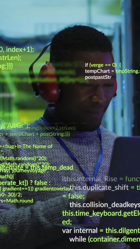 African American engineer works on data processing in server room. Stock Footage 320921829
