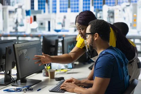 African american engineering team doing quality control on computer setup Foto stock